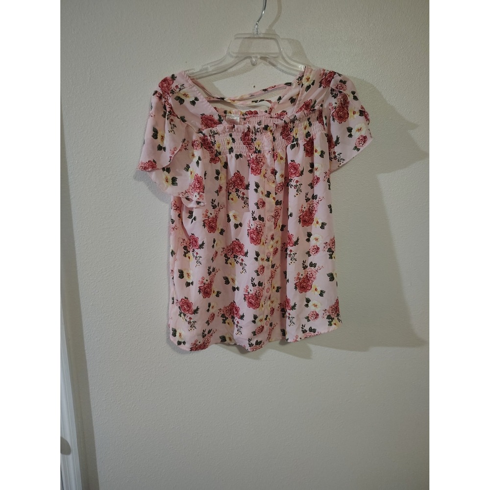 No Boundaries Pink‎ Floral Smocked Square Neck Flutter Sleeve Blouse XL/XG 15-17